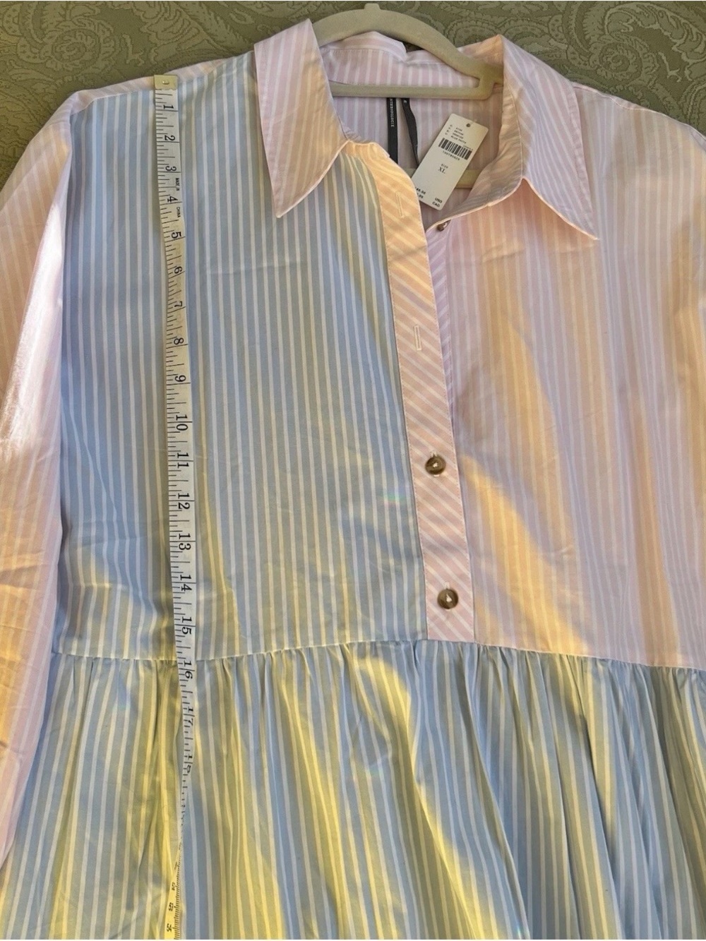 Anthropologie Pink & Light Blue Tiered Button-Front Tunic - Picture 9 of 9